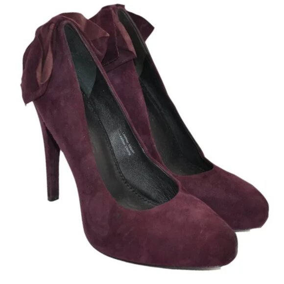 Vera Wang Plum Purple Burgundy Red Leather Suede Pin-Up Bow Stiletto Heels 6.5 - Picture 2 of 11
